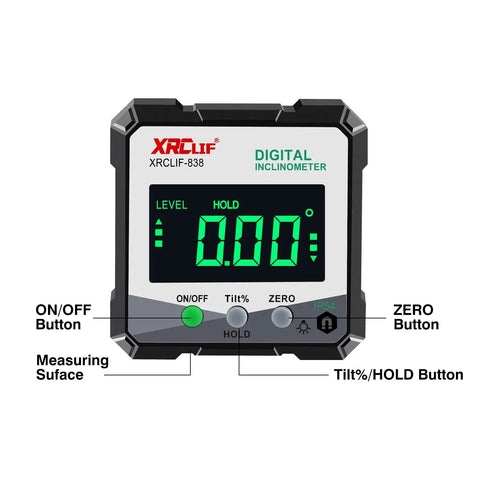 No Nonsense Digital Angle Gauge Meter showing digital display and buttons for precise angle measurements on any surface.