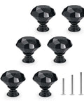 Six Black Diamond Crystal Glass Cabinet Knobs 30mm Set for Dressers and Cabinets Sparkling Diamond Cut Heads on All Black Zinc Alloy Bases