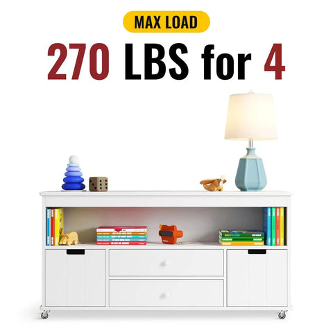 White dresser with books, lamp, and toys on Heavy Duty 2 Inch Caster Wheels Set Of 4, Rubber Quiet Swivel Castors, max load 270 lbs.