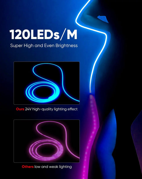 RGB 12V Smart Neon LED Strip Lights With Music Sync illuminating silhouette with 120 LEDs per meter showcasing brightness