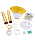 Premium Freestanding Tub Drain Kit With Tail Pipe Adapter For Bathtub Rough In Plumbing Connector components laid out, including gold pipes and fittings.