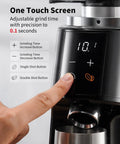 Premium 64Mm Flat Burr Coffee Grinder Featuring 100 Exact Grind Settings And Anti Static Technology For Smooth Daily Brews And Top Shelf Espresso Results In Matte Black - One touch screen and buttons for grind time adjustment.