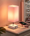 3 Way Touch Desk Lamp With USB Ports, Pink Shade Nightstand Light for Bedroom or Living Room, White Base, LED Bulb Included