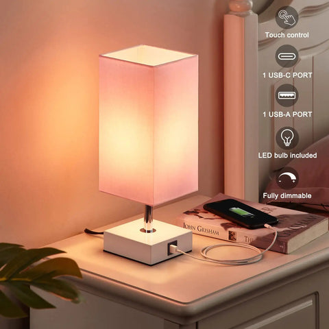 3 Way Touch Desk Lamp With USB Ports, Pink Shade Nightstand Light for Bedroom or Living Room, White Base, LED Bulb Included