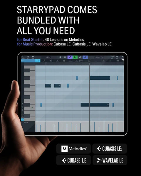 Hand holding tablet showing software for Studio Grade MIDI Pad Beat Maker Drum Machine With 16 Backlit Pads, Starrypad Ready