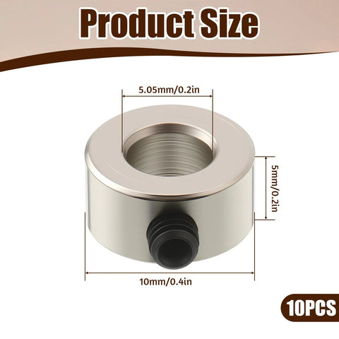 Front view of a chrome shaft collar with 10 mm outer diameter, 5 mm width, 5.05 mm bore and set screw.