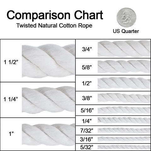 Comparison chart showing various sizes of twisted natural cotton rope with US quarter for scale.