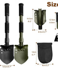 Ultra Portable Folding Camping Shovel With Carbon Steel Build kit showing size and components, including 2 shovels and case.
