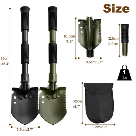 Ultra Portable Folding Camping Shovel With Carbon Steel Build kit showing size and components, including 2 shovels and case.