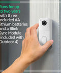 Wireless Smart Security Camera Kit With Video Doorbell, hand mounting device to doorframe, includes batteries and sync module.