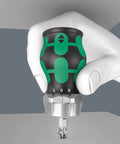 Stubby Ratchet Screwdriver With Bit Magazine, 6-Piece Set, Compact Grip shown in hand for tight spots installation