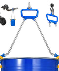 Heavy Duty One Ton Drum Lifter Clamp With G80 Chains for Steel and Plastic Barrels, showing chains and hooks for lifting.