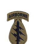 New OCP Patch And Airborne Tab Sewn Together With Hook Fastener For US Army Combat Uniform, featuring SSI and insignia.