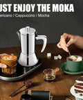 12 Cup Thickened 304 Stainless Steel Moka Pot Stovetop Espresso Maker For Induction Kickass Cafeteras Italian Percolator Mocha Coffee Machine 600ml 20oz Durable Handle Built For Home And Camping on table with coffee and dessert