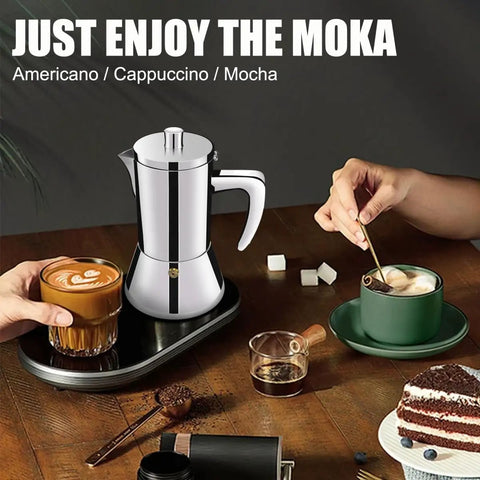 12 Cup Thickened 304 Stainless Steel Moka Pot Stovetop Espresso Maker For Induction Kickass Cafeteras Italian Percolator Mocha Coffee Machine 600ml 20oz Durable Handle Built For Home And Camping on table with coffee and dessert