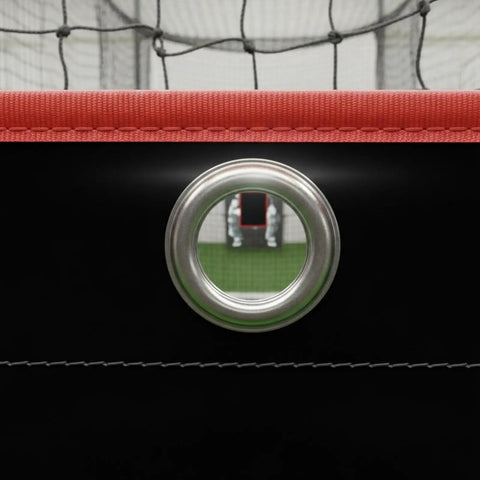 Close-up of grommet on Ballpark Ready Heavy Duty Baseball Pitching Screen With Strike Zone Backdrop And Batter Silhouette For Batting Cage Drills Durable PVC Coated Backstop Training Net.