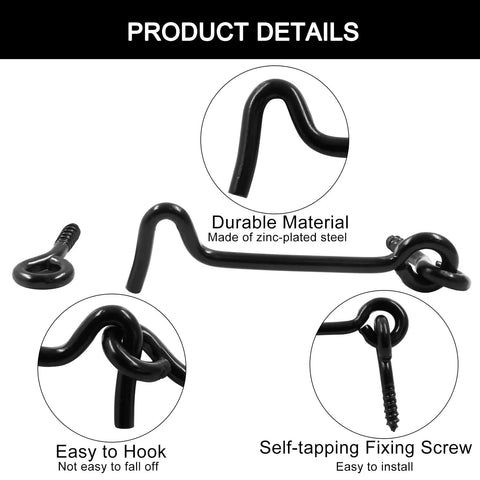 Close-up of 6 Pack Black Cabin Hook Eye Latch For Wood Doors Windows, zinc-plated steel, easy to install, durable material.