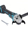 Brushless angle grinder with blue and black body, 4-1/2-inch wheel, side handle, tool-only; includes wrench