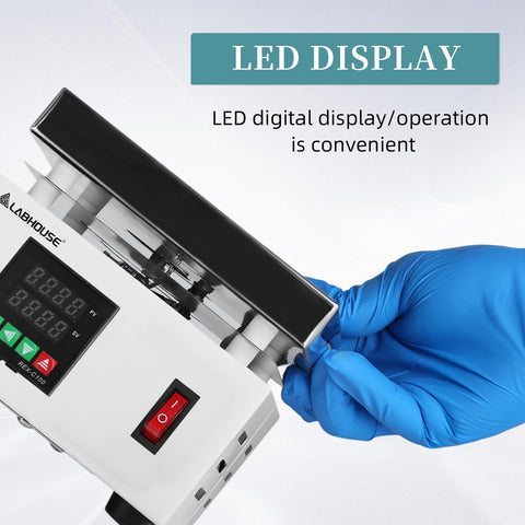 Digital Cast Iron Lab Hot Plate 110V 1000W With Microcomputer Control close-up showing LED display and gloved hand adjusting