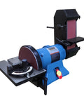 Rugged Workhorse 4X36 Belt And 9 Inch Disc Grinder With 1Hp Dual Voltage Motor on workbench with adjustable support tables.