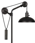 Dope 33.5 Inch Tall Industrial Table Lamp With Solid Wheel Pulley System And Blackened Bronze Metal Shade, Geometric Base