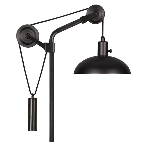 Dope 33.5 Inch Tall Industrial Table Lamp With Solid Wheel Pulley System And Blackened Bronze Metal Shade, Geometric Base