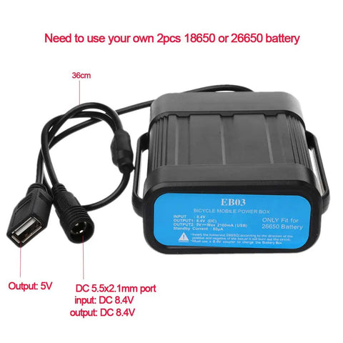 Kickass Slick IPX7 8.4V Rechargeable Battery Pack For Bikes And Cycling Headlamps showing waterproof power box with USB output.