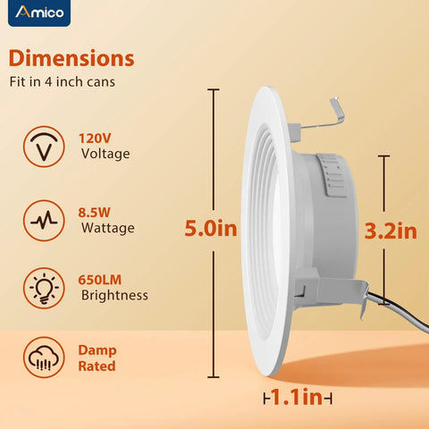 4 Inch LED Recessed Can Lights 12 Pack Dimmable Damp Rated 650 Lumen Each With Baffle Trim And Selectable Color Temperature 3000K 4000K 5000K No Brainer Retrofit Install ETL FCC Certified side profile with dimensions