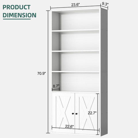 Product dimensions of Top Shelf Industrial Farmhouse Bookshelf With Cabinet Doors And Open Shelves Floor Standing Storage Tower Display Rack For Home Office Or Living Room White Six Tier Bookcase.