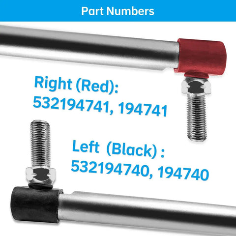 Adjustable Drag Link Set For Lawn Tractors Left And Right Hand Replacement Links Replaces 194740 194741 To Restore Steering Precision And Smooth Handling On AYP EHP Built Models Swap In Easily And Get Your Ride Steering Back On Track. Right red and left black metal drag links with threaded ends