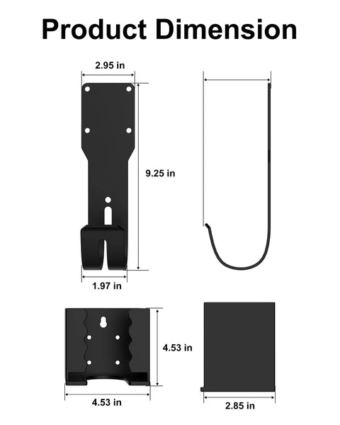 Product dimensions of Heavy Duty Ev Charger Wall Mount Kit with sizes for mounting bracket and J hook organizer.