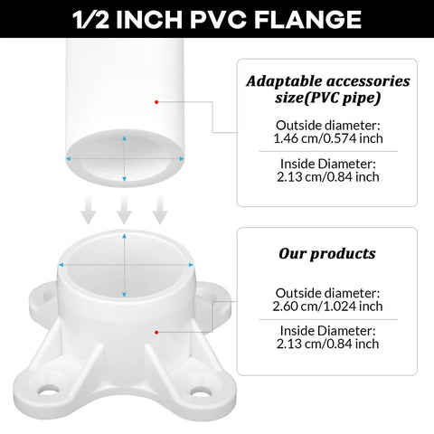 Diagram showing dimensions for PVC flange from Set Of 25 White PVC Flanges For Half Inch Pipes DIY Rod Holder And Shelving Fittings Table Mount Caps.