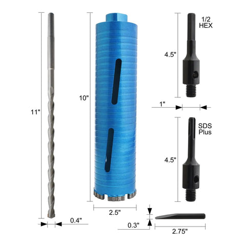 Diamond Core Drill Bit Kit 2-1/2 Inch, 10 Inch Drilling Depth, 5/8-11 Thread, Includes Pilot Bit and SDS Plus and Hex Adapters