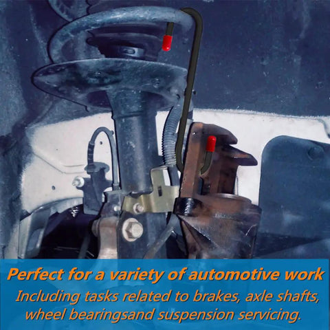 2 Pack Brake Caliper Hanger Hooks with Red Rubber Tips in use on car suspension for maintenance work