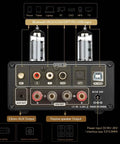 All In One 200W Bluetooth Tube Amplifier With Built In DAC And Preamp 2.0 2.1 Stereo Home Receiver For TV Computer Turntable And Phone Via USB Coax Optical RCA Warm Vacuum Tube Tone And Rich Sound, rear input panel