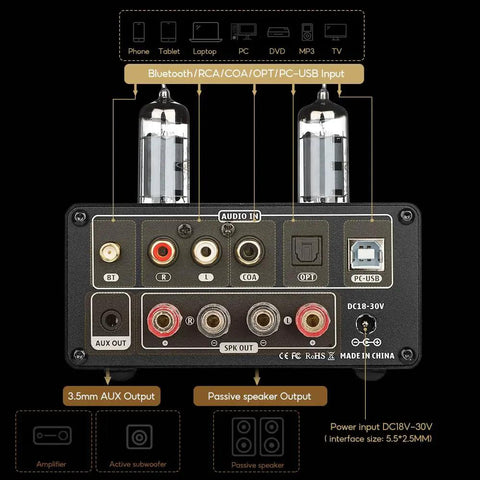 All In One 200W Bluetooth Tube Amplifier With Built In DAC And Preamp 2.0 2.1 Stereo Home Receiver For TV Computer Turntable And Phone Via USB Coax Optical RCA Warm Vacuum Tube Tone And Rich Sound, rear input panel