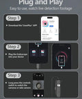 Setup steps for Dope Dual Lens Endoscope With Light 1920P HD Borescope, including app download and device connection.