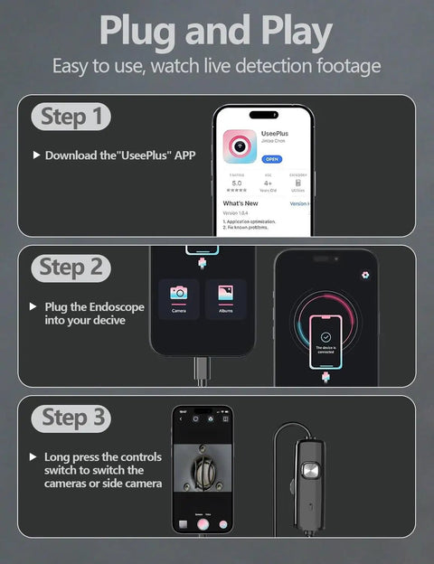Setup steps for Dope Dual Lens Endoscope With Light 1920P HD Borescope, including app download and device connection.