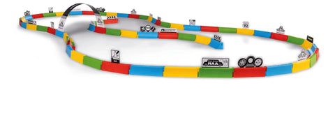 Colorful track setup for Mario Kart Tabletop RC Racing Set with Mario and Luigi, 60-piece arrangement on table or floor