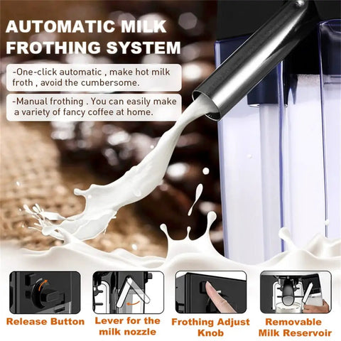 Automatic milk frothing system showcasing stainless steel nozzle and removable milk reservoir for coffee lovers.