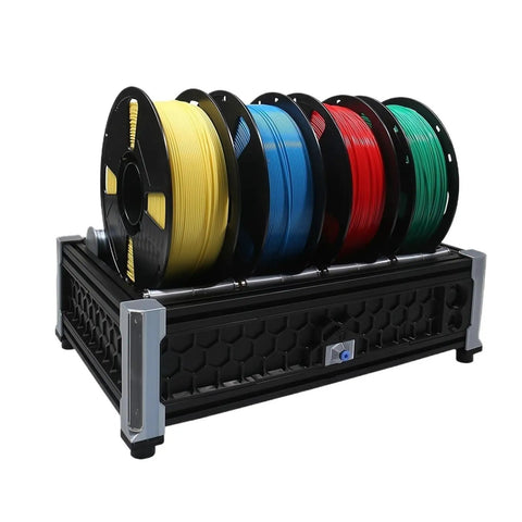 Hit The Ground Running With This Butter Smooth 3D Printer Motion Upgrade Kit Featuring Full AFC Compatible Chassis And Sharp Moons Drive Motors Clad In Bright Multi Color Custom Panels with spools of colorful filament on a black holder.