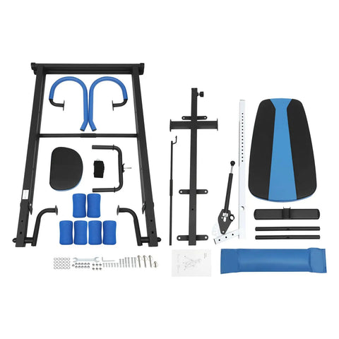 Disassembled parts of Inversion Table For Back Pain Relief With A 330lb Capacity Decompression Stretcher, blue and black