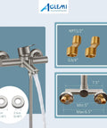 Brushed Nickel Tub Filler With Wall Mount And Handheld Sprayer, 6 Inch Center, Single Handle Shower Mixer Faucet, parts displayed