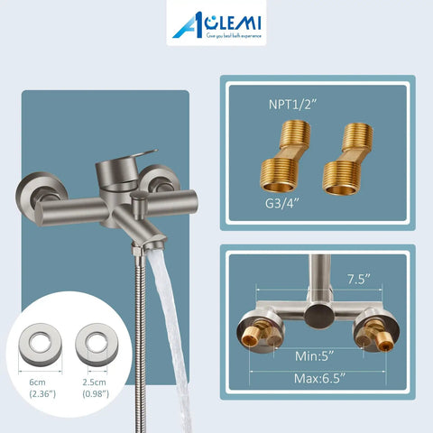 Brushed Nickel Tub Filler With Wall Mount And Handheld Sprayer, 6 Inch Center, Single Handle Shower Mixer Faucet, parts displayed