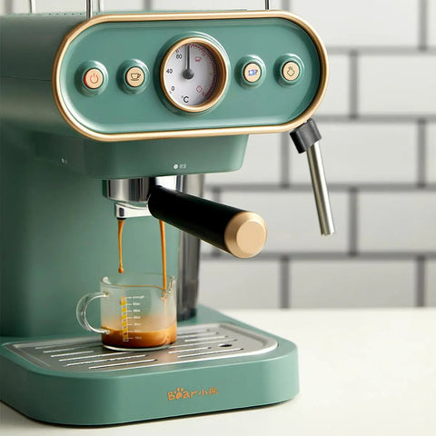 Compact High Pressure Espresso Machine With Steam Frother For Rich Espresso, 15 Bar Pump, green, pouring espresso shot.