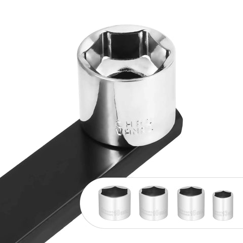 Chrome socket wrench from 9 Piece Serpentine Belt Tool Set With Belt Tensioner Wrenches For Easy Install And Removal In Tight Engine Bays Case Included Automotive Maintenance Kit For Spring Loaded Pulleys Durable Steel Construction Pro Grade.