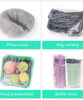 Variety of items wrapped in plastic, including pillow, bag, food, and bottles, showcasing uses of disposable wraps.