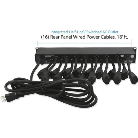 Rear view of 19 Outlet 1U Rackmount Power Distribution Unit with Surge Protector 15 Amp Circuit Breaker USB Charging Ports