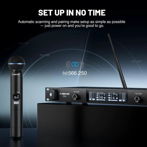Smart UHF Wireless Microphone System for Live Shows with Dual Cordless Mics, Auto Scan and Sync, wireless receiver displayed.