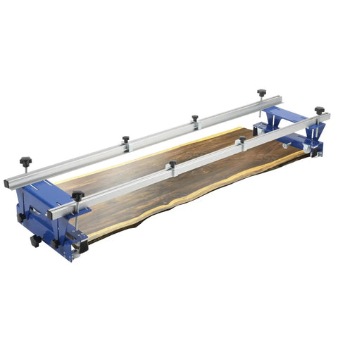 Router Sled for Woodworking with Adjustable XYZ Axis Slab Flattening Jig shown on live edge slab, 53 inch width capacity.